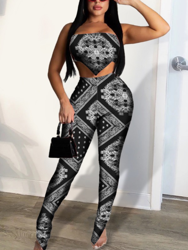 

lovely Sexy Dew Shoulder Versace Print Black Two Piece Pants Set