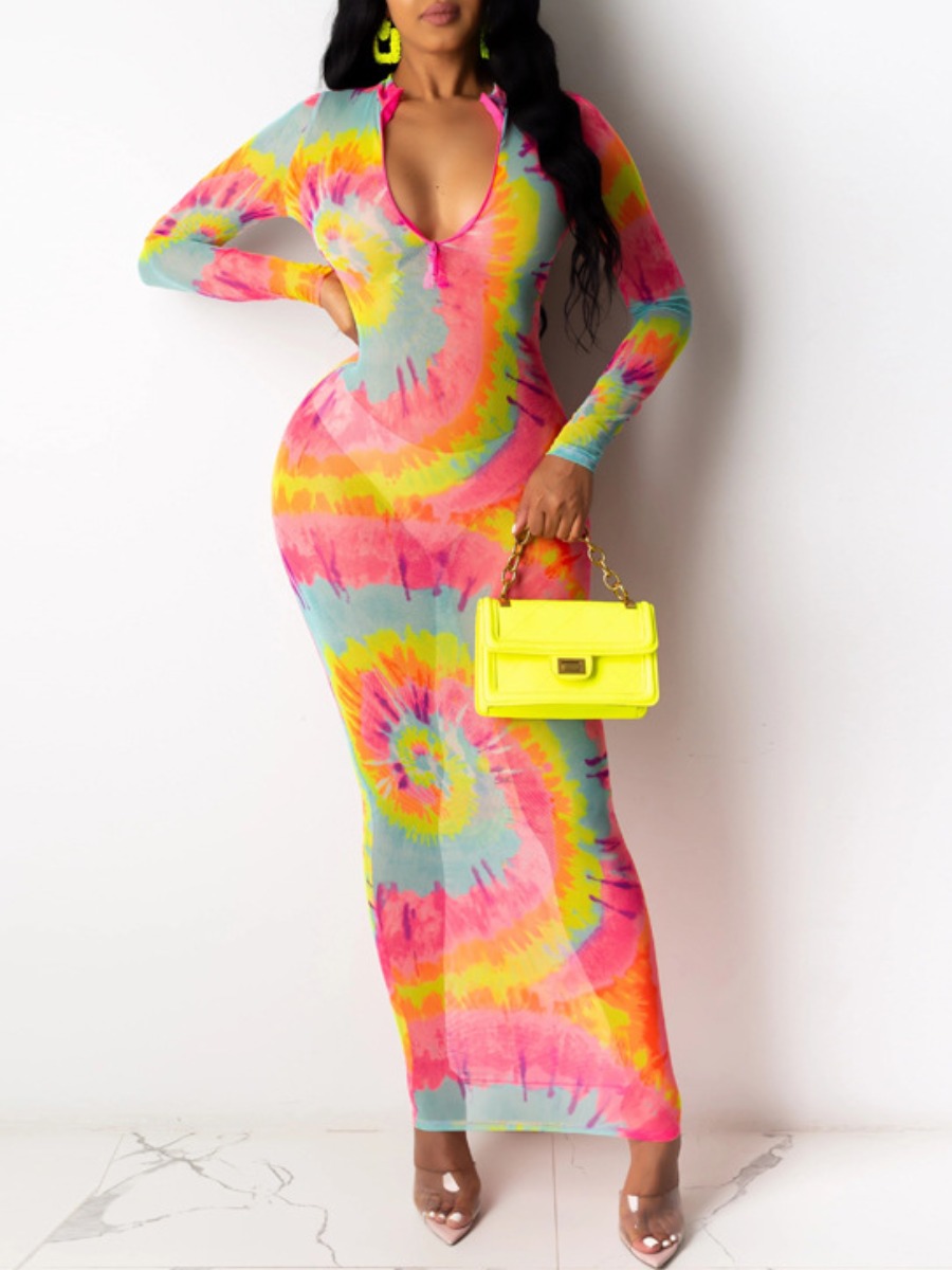 

Lovely Bohemian Tie-dye Zipper Design Pink Ankle Length Dress