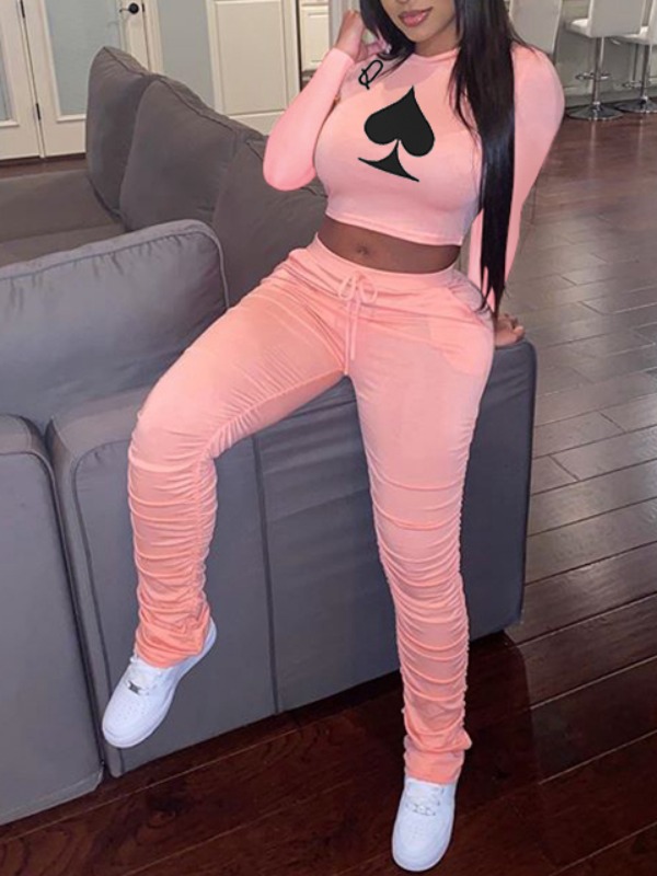 

lovely Stylish O Neck Print Fold Design Pink Two Piece Pants Set