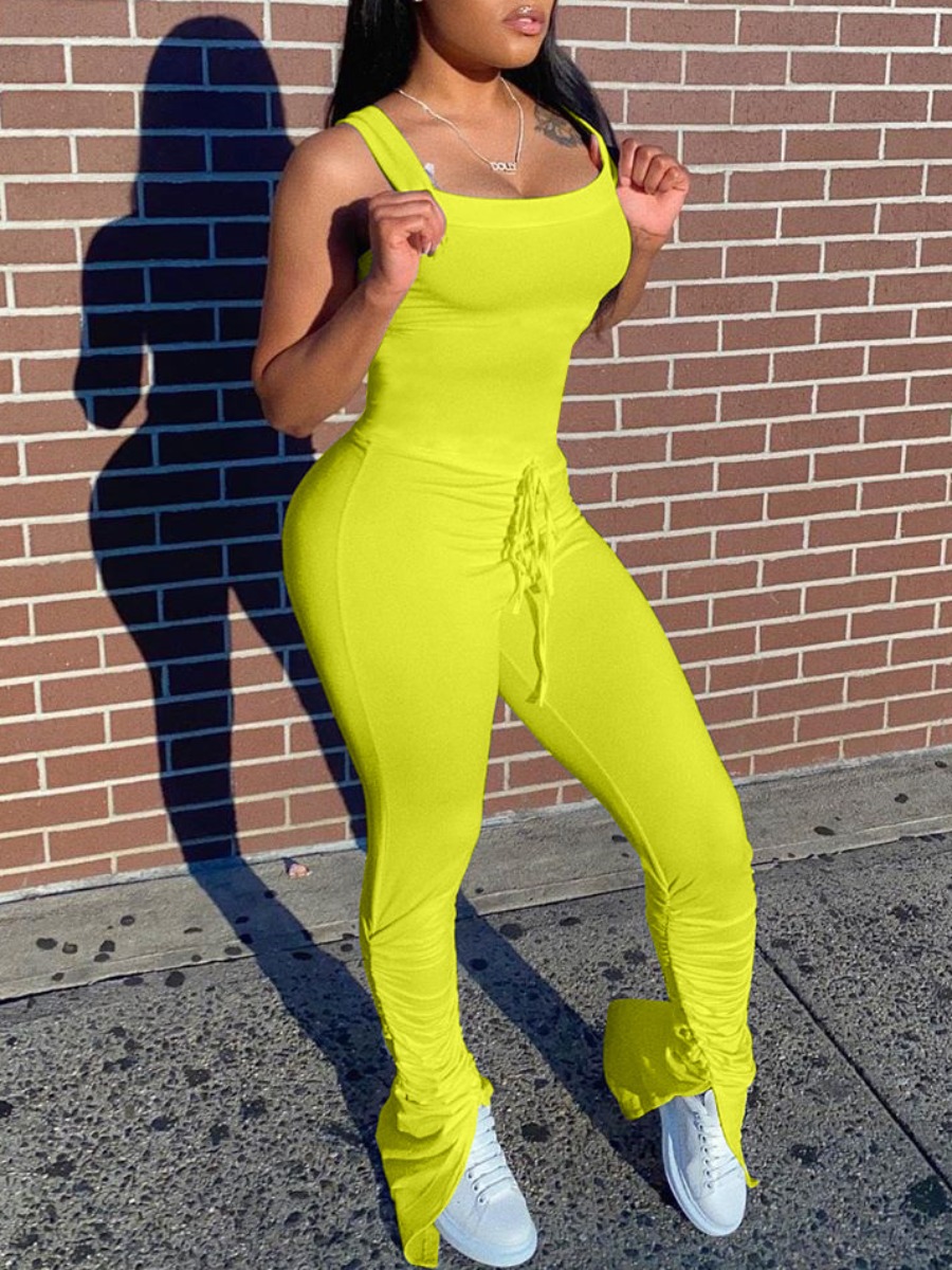 

lovely Casual Lace-up Fold Design Yellow One-piece Jumpsuit