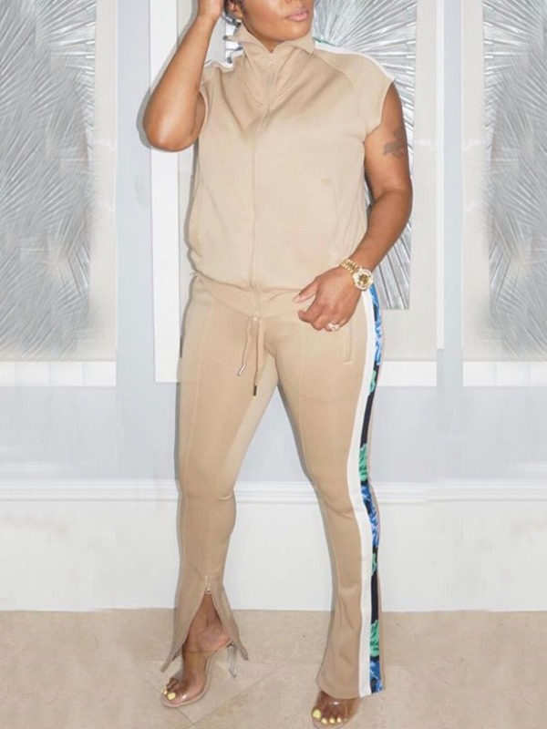 

lovely Sportswear Patchwork Light Tan Two Piece Pants Set