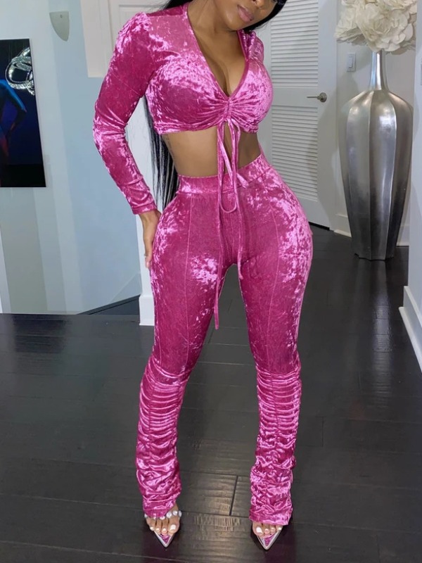 

lovely Trendy V Neck Fold Design Rose Red Two Piece Pants Set