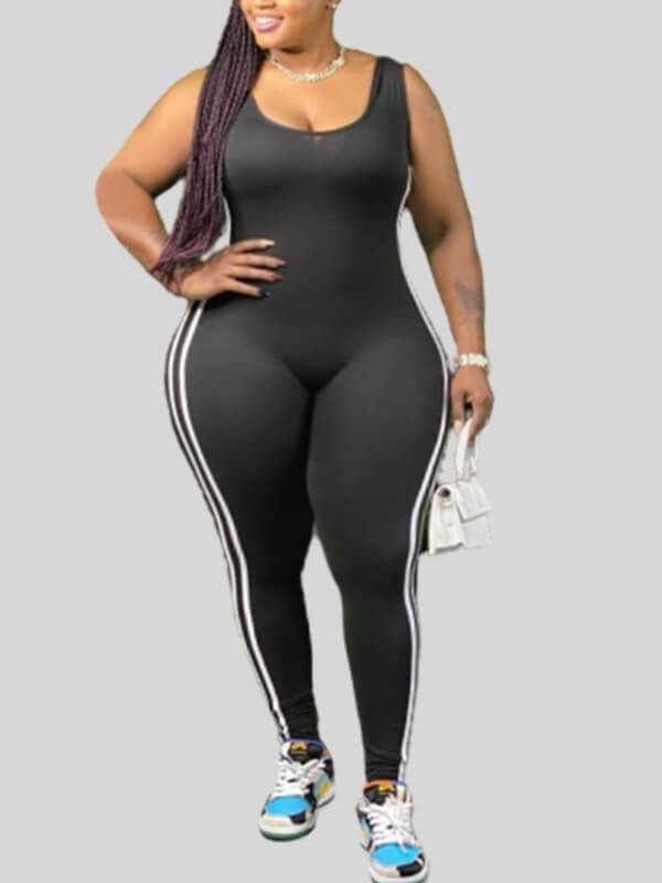 

LW Plus Size Sportswear U Neck Patchwork Black One-piece Jumpsuit