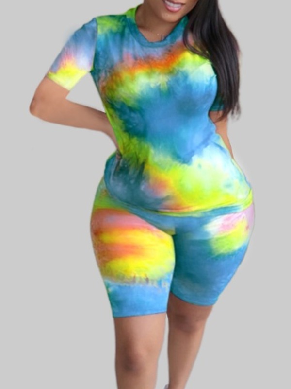 

Lovely Plus Size Casual Tie-dye Green Two-piece Shorts Set