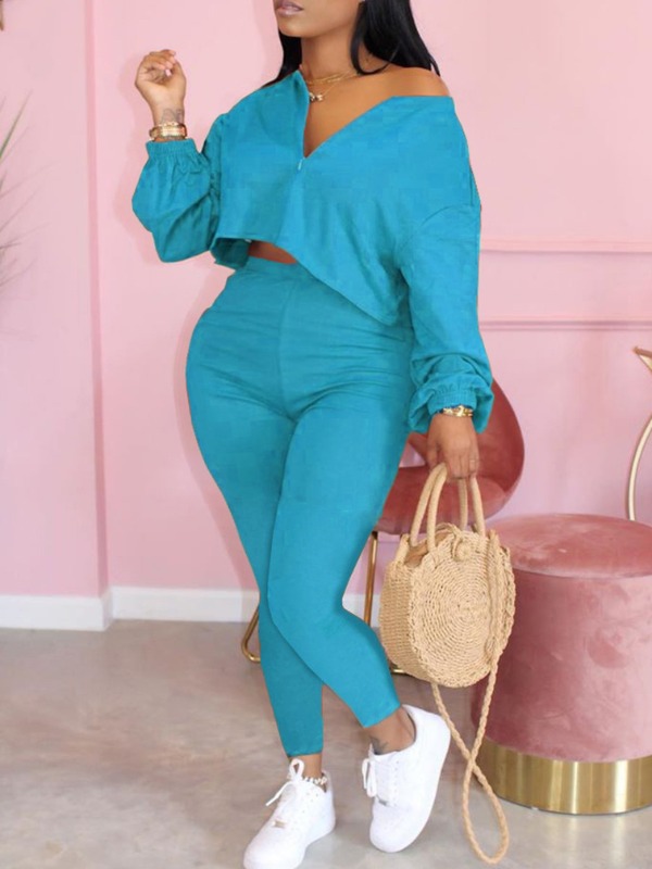 

lovely Casual Zipper Design Blue Plus Size Two-piece Pants Set