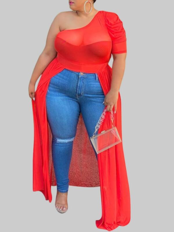 

lovely Stylish One Shoulder Asymmetrical Red Plus Size Blouse