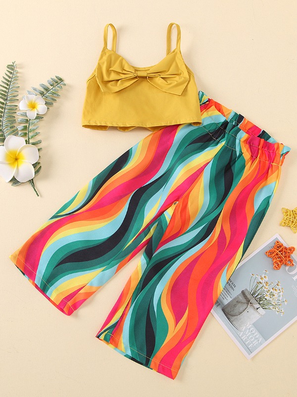 

lovely Casual Spaghetti Strap Rainbow Striped Yellow Girl Two-piece Pants Set