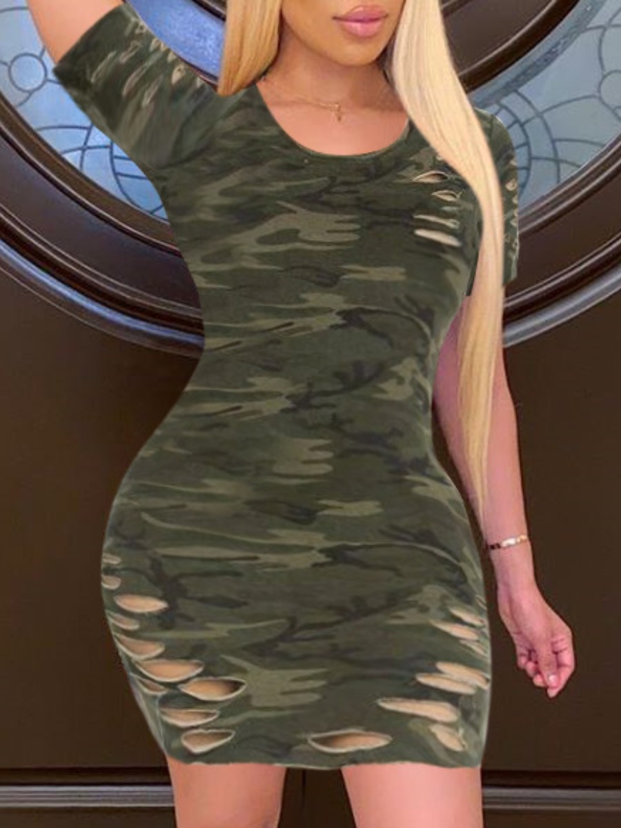 

lovely Street O Neck Camo Print Hollow-out Mini Dress