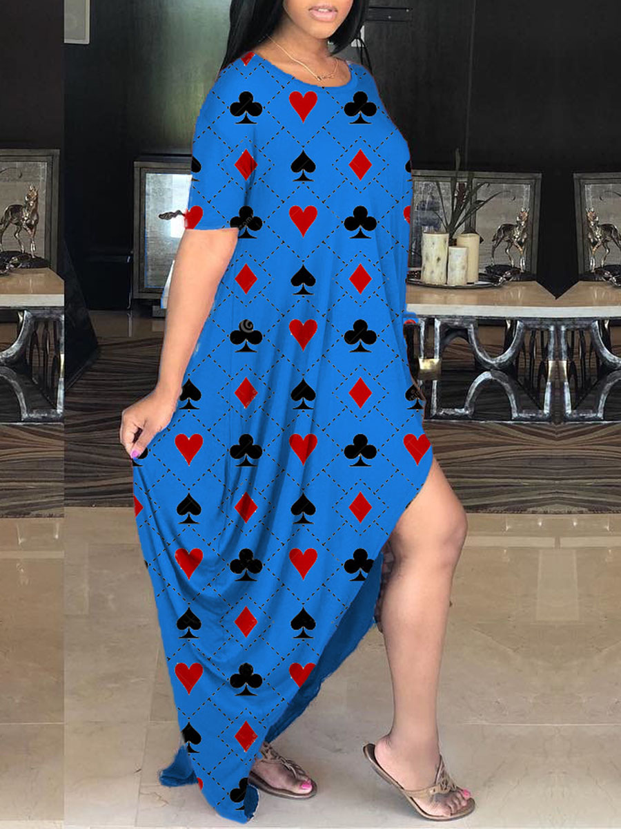 

lovely Casual V Neck Print Asymmetrical Blue Maxi Dress