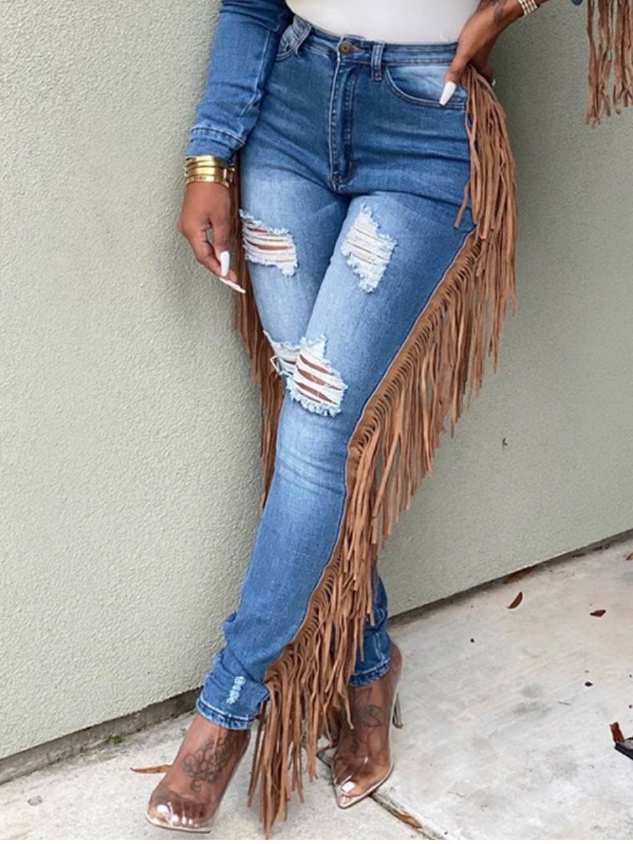 

lovely Street Broken Holes Tassel Design Baby Blue Jeans