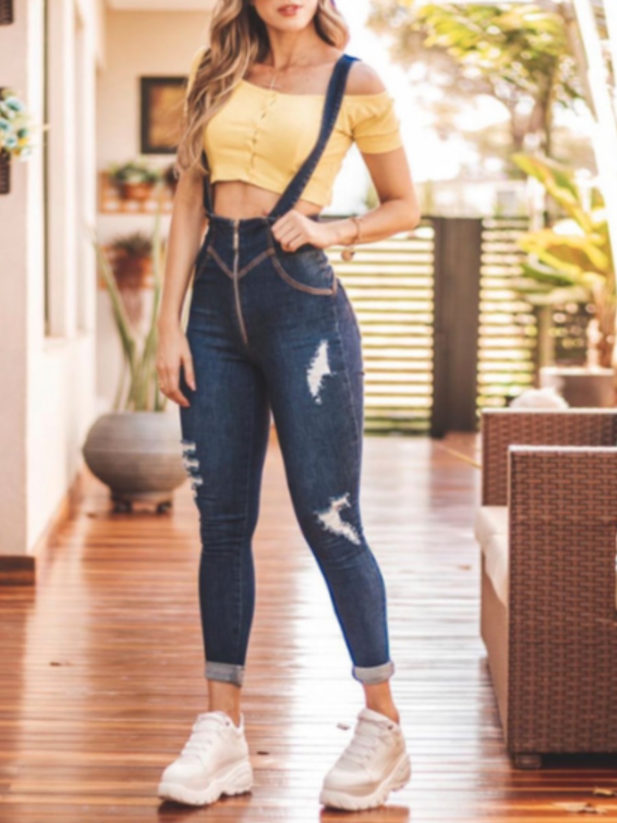 

lovely Trendy Broken Holes Deep Blue Denim One-piece Jumpsuit