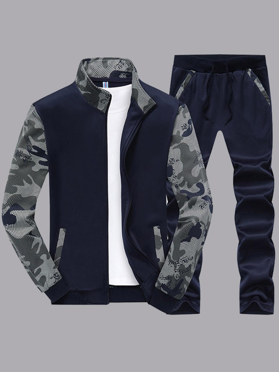 

LW Men Print Patchwork Deep Blue Pants Set