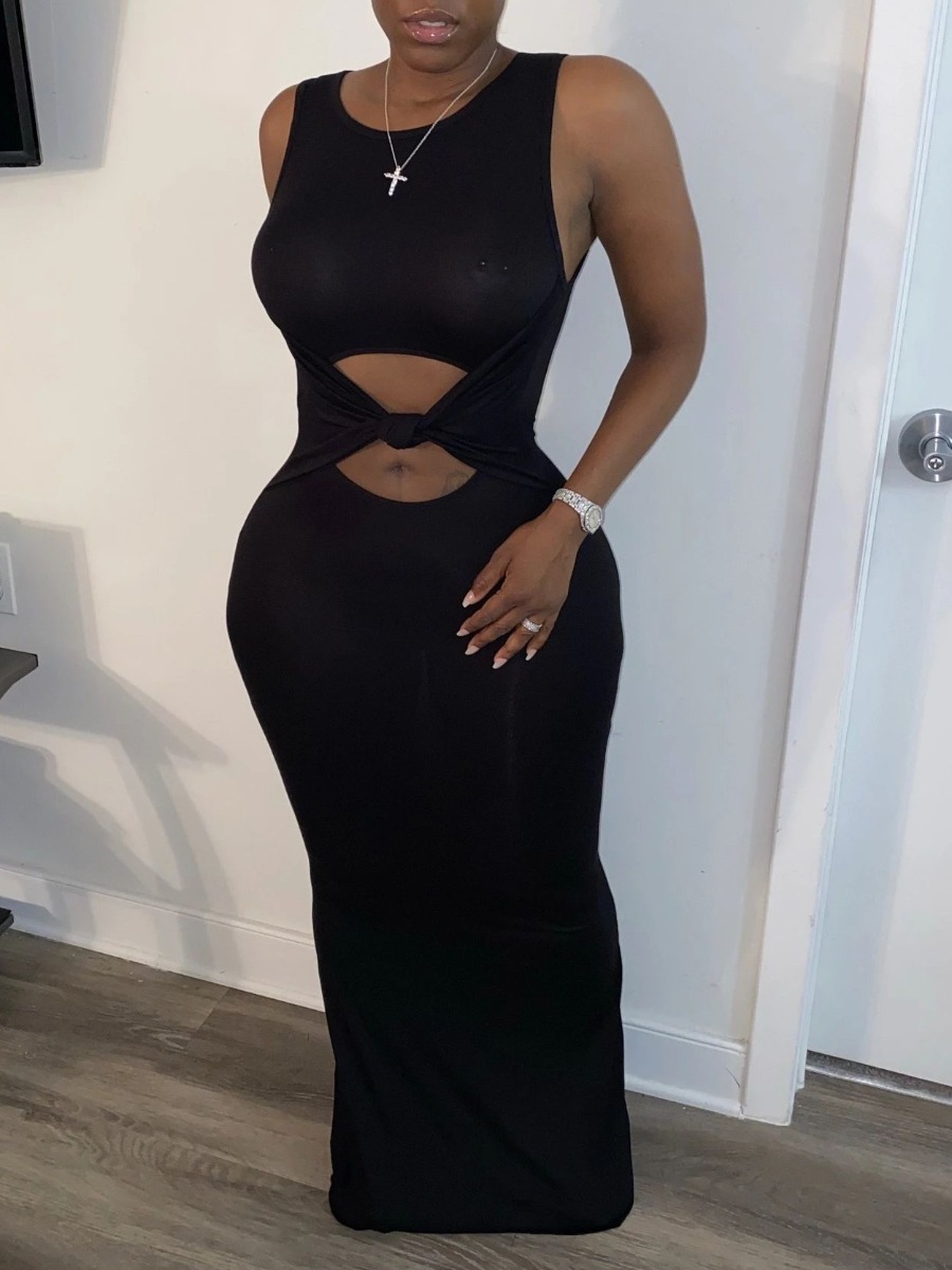 

lovely Sexy O Neck Knot Design Hollow-out Black Maxi Dress