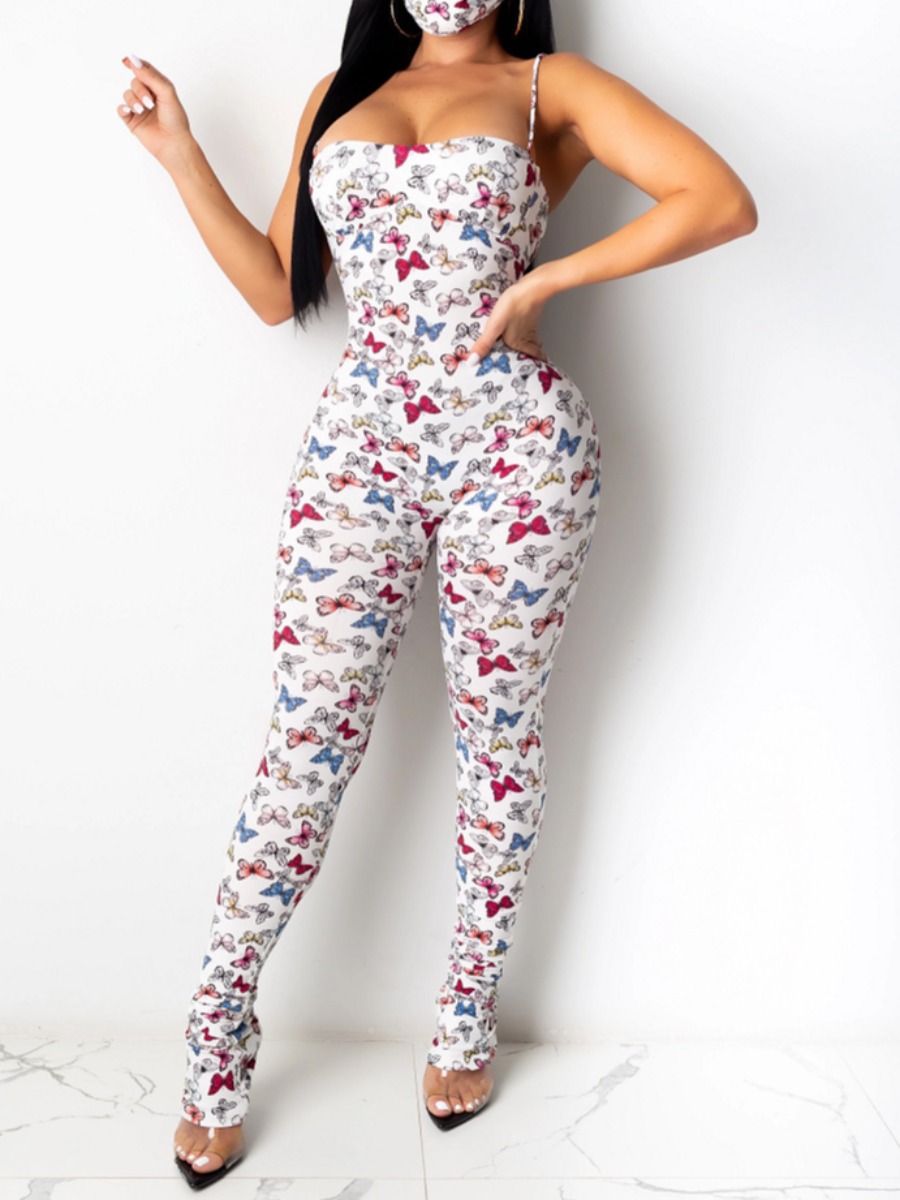 

lovely Trendy Spaghetti Strap Butterfly Print White One-piece Jumpsuit
