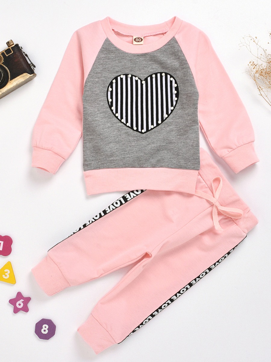 

lovely Casual O Neck Print Patchwork Pink Girl Two-piece Pants Set