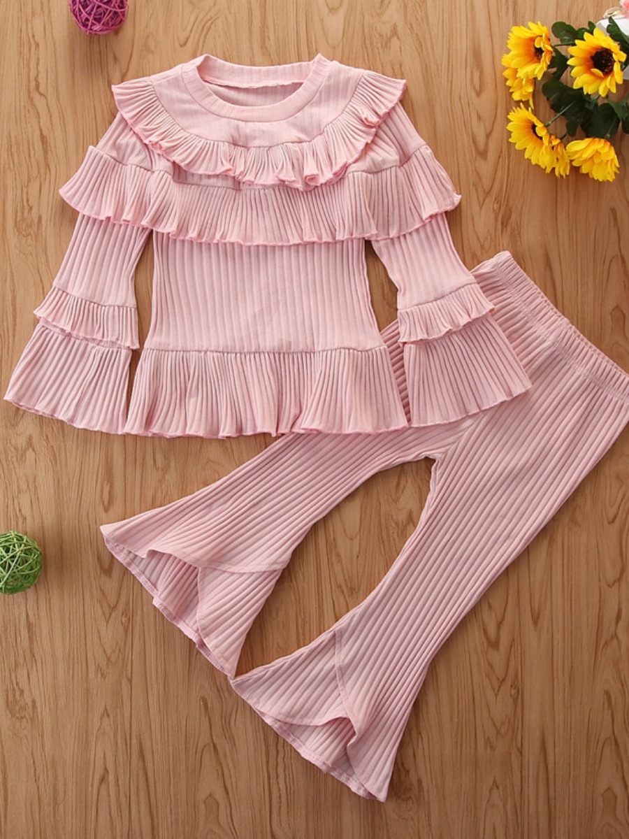 

lovely Sweet O Neck Layered Cascading Ruffle Pink Girl Two-piece Pants Se