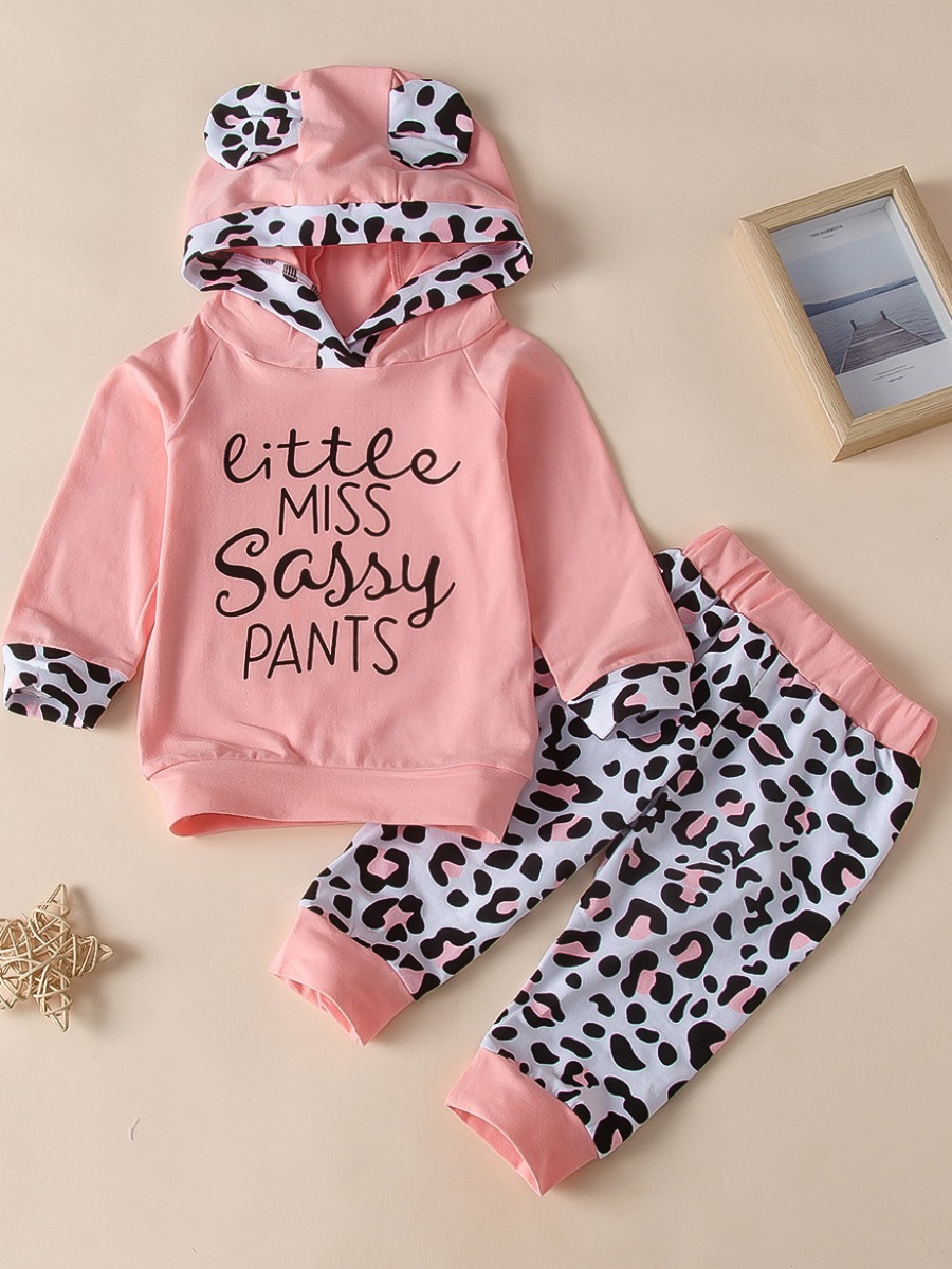 

lovely Leisure Hooded Collar Print Patchwork Pink Girl Two-piece Pants Set