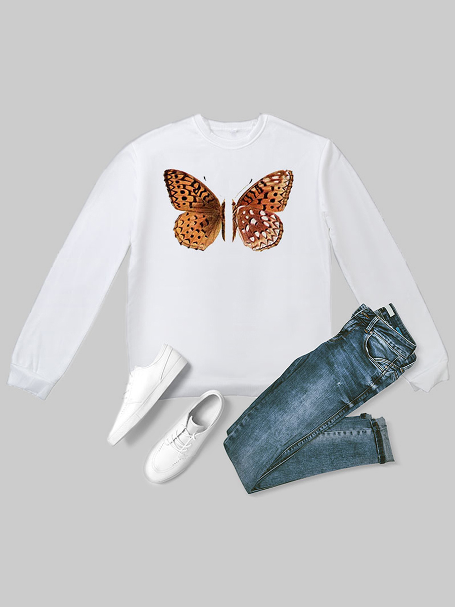 

lovely Casual O Neck Butterfly White Plus Size T-shirt