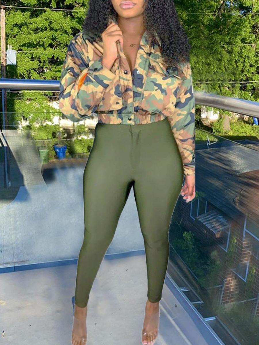 

lovely Trendy Camo Print Green Two Piece Pants Set