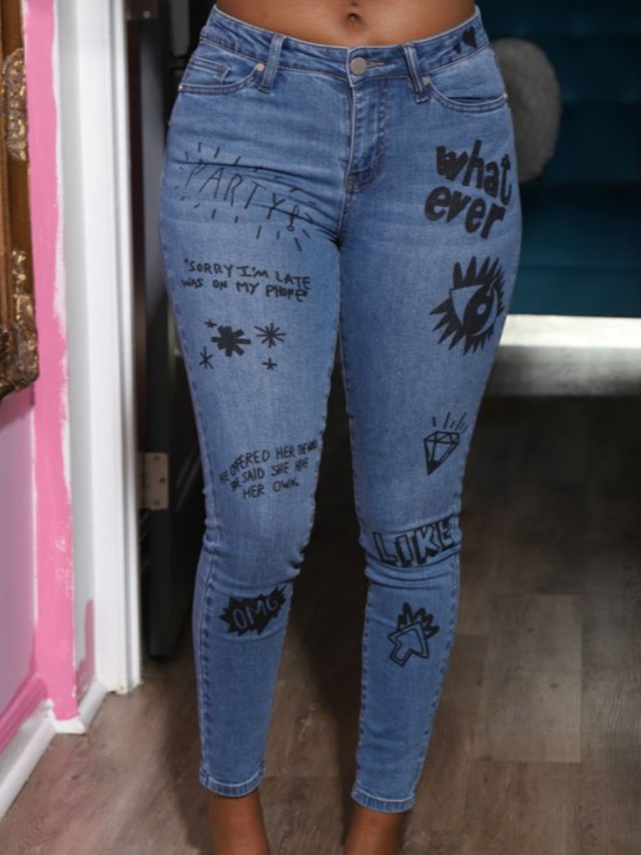 

lovely Street Print Skinny Blue Jeans