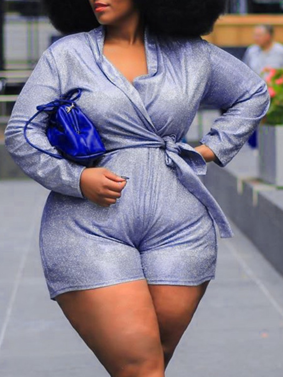 

lovely Leisure V Neck Lace-up Blue Plus Size One-piece Romper