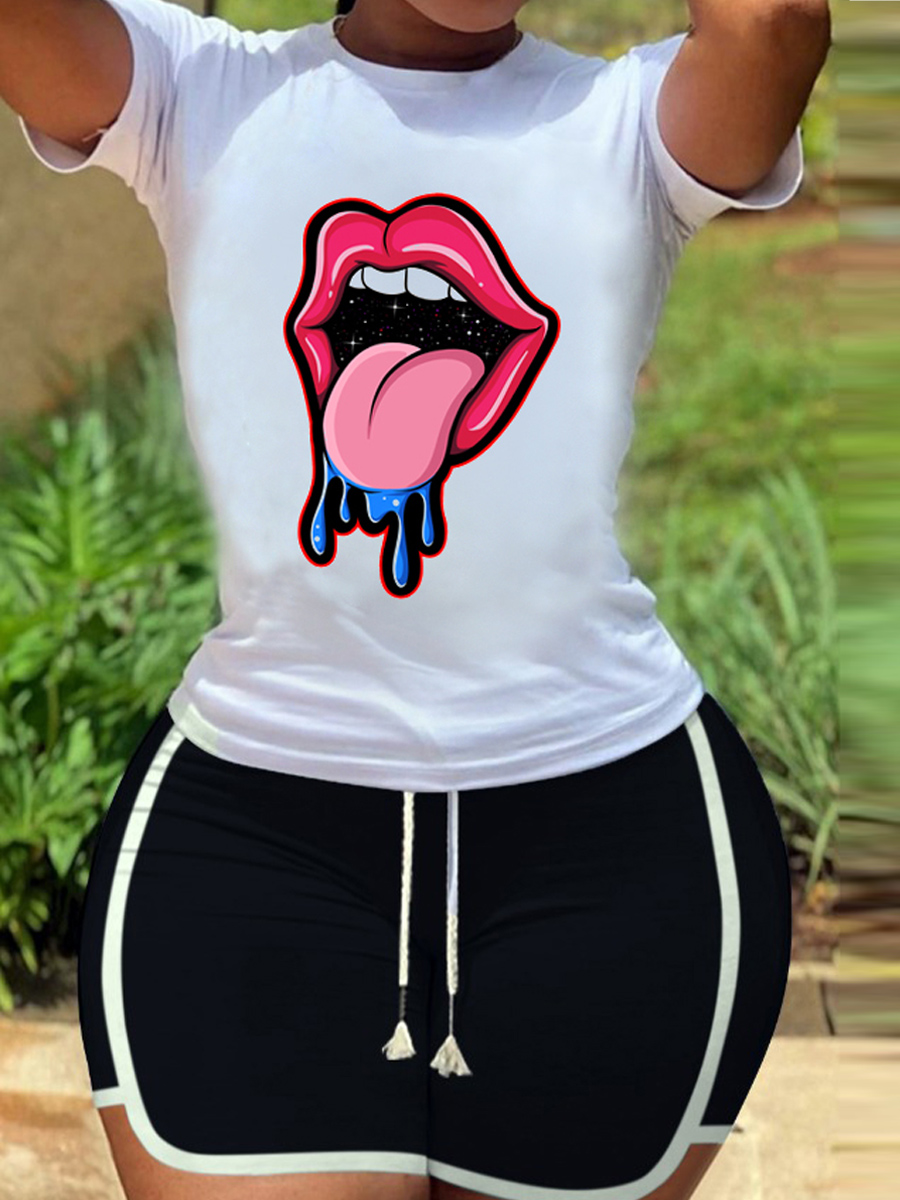 

lovely Leisure O Neck Lip Print White Two Piece Shorts Set
