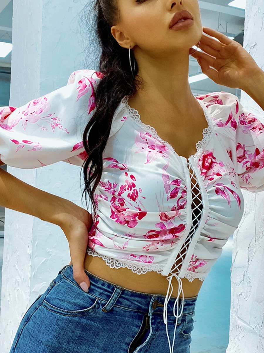 

lovely Trendy V Neck Print Bandage Design Pink Blouse