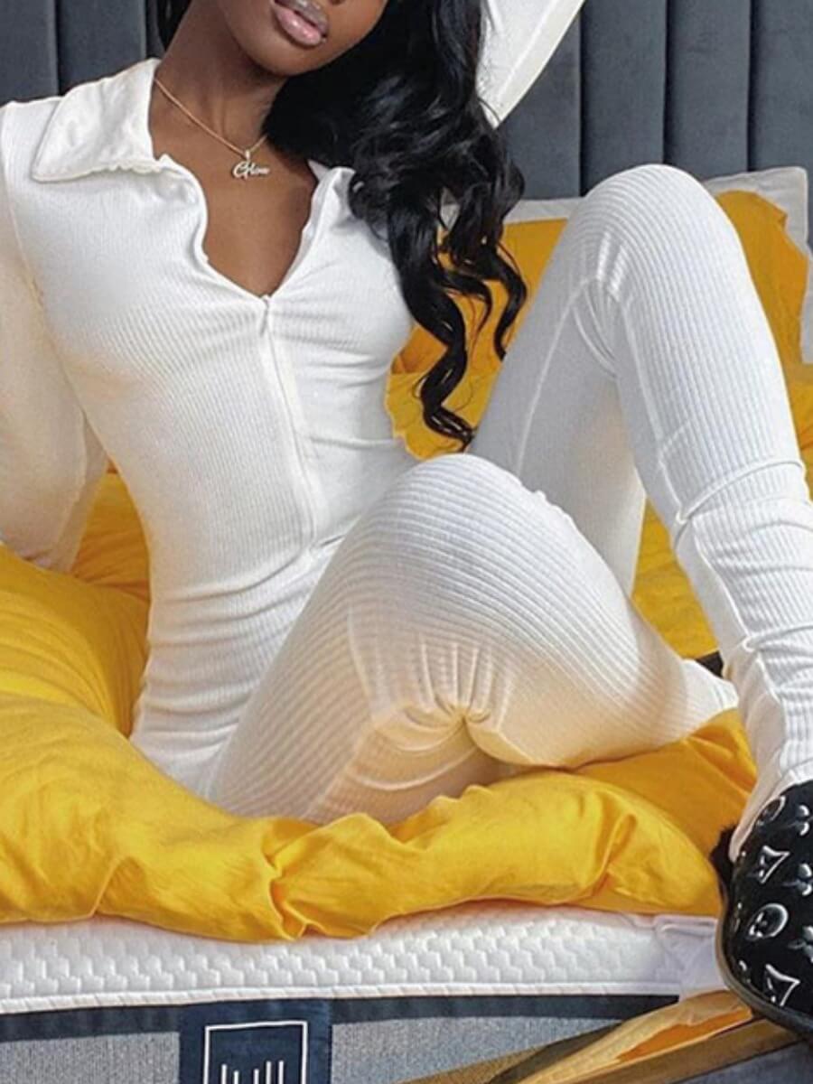 

LW BASICS Rib-Knit Zipper Design Jumpsuit, White