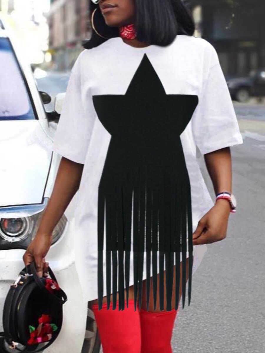 

LW Casual O Neck Pentagram Tassel Design White Mini Dress