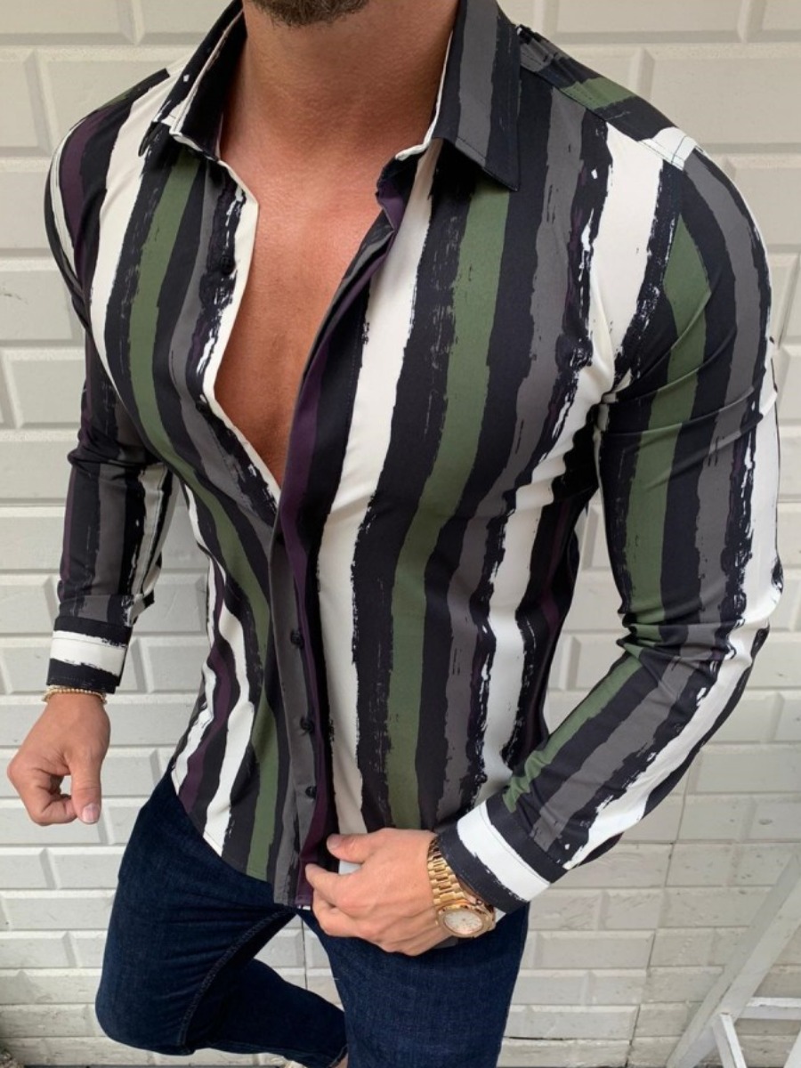 

Men lovely Trendy Turndown Collar Striped Army Green Shirt