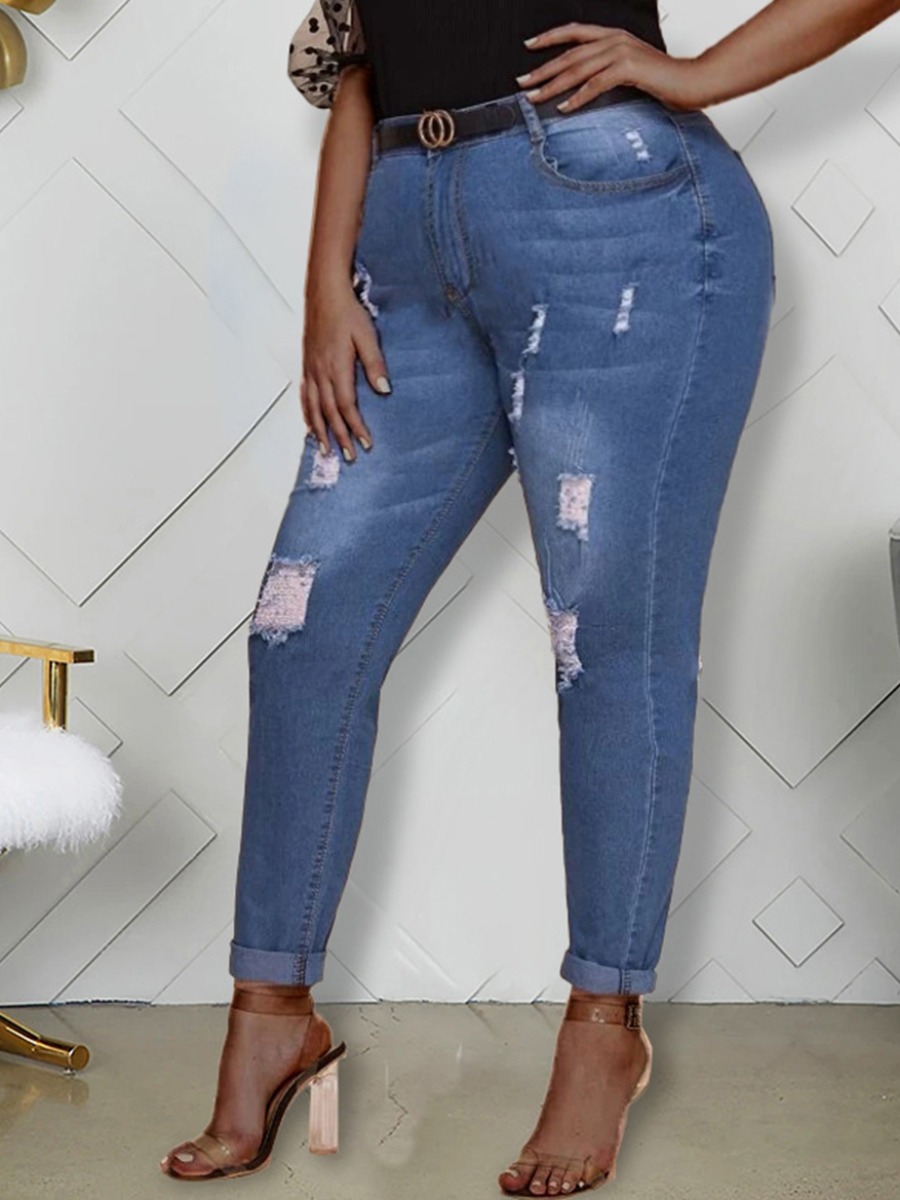 

Lovely Street Broken Holes Deep Blue Plus Size Jeans