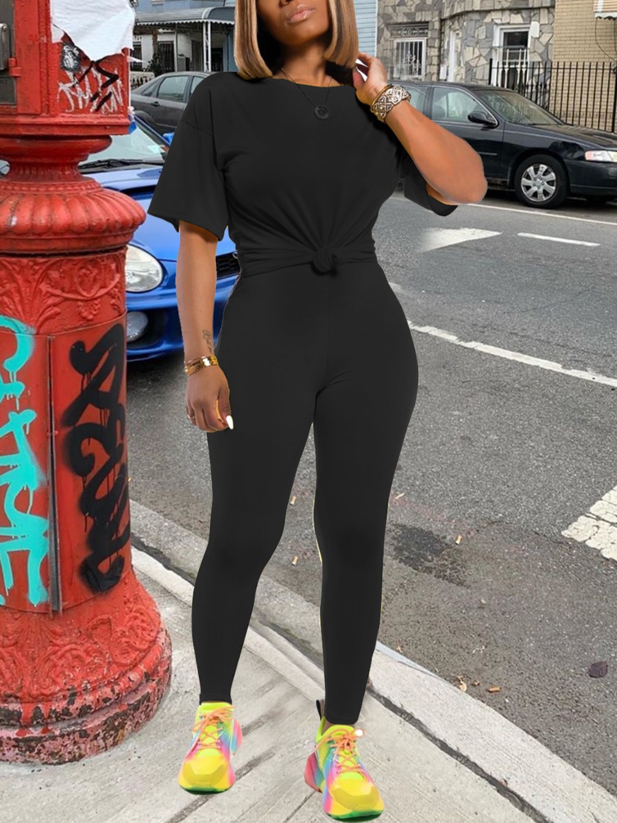 

lovely Casual O Neck Basic Black Two Piece Pants Set