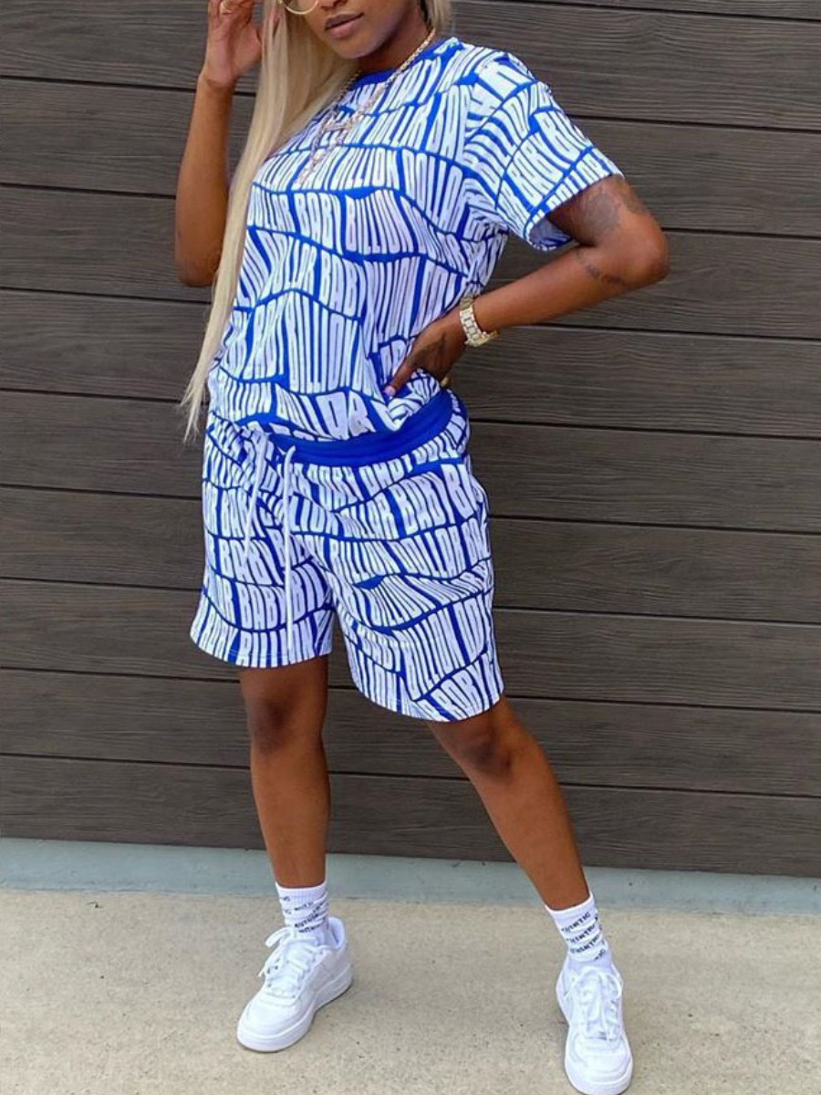 

lovely Sportswear O Neck Letter Print Blue Two Piece Shorts Set