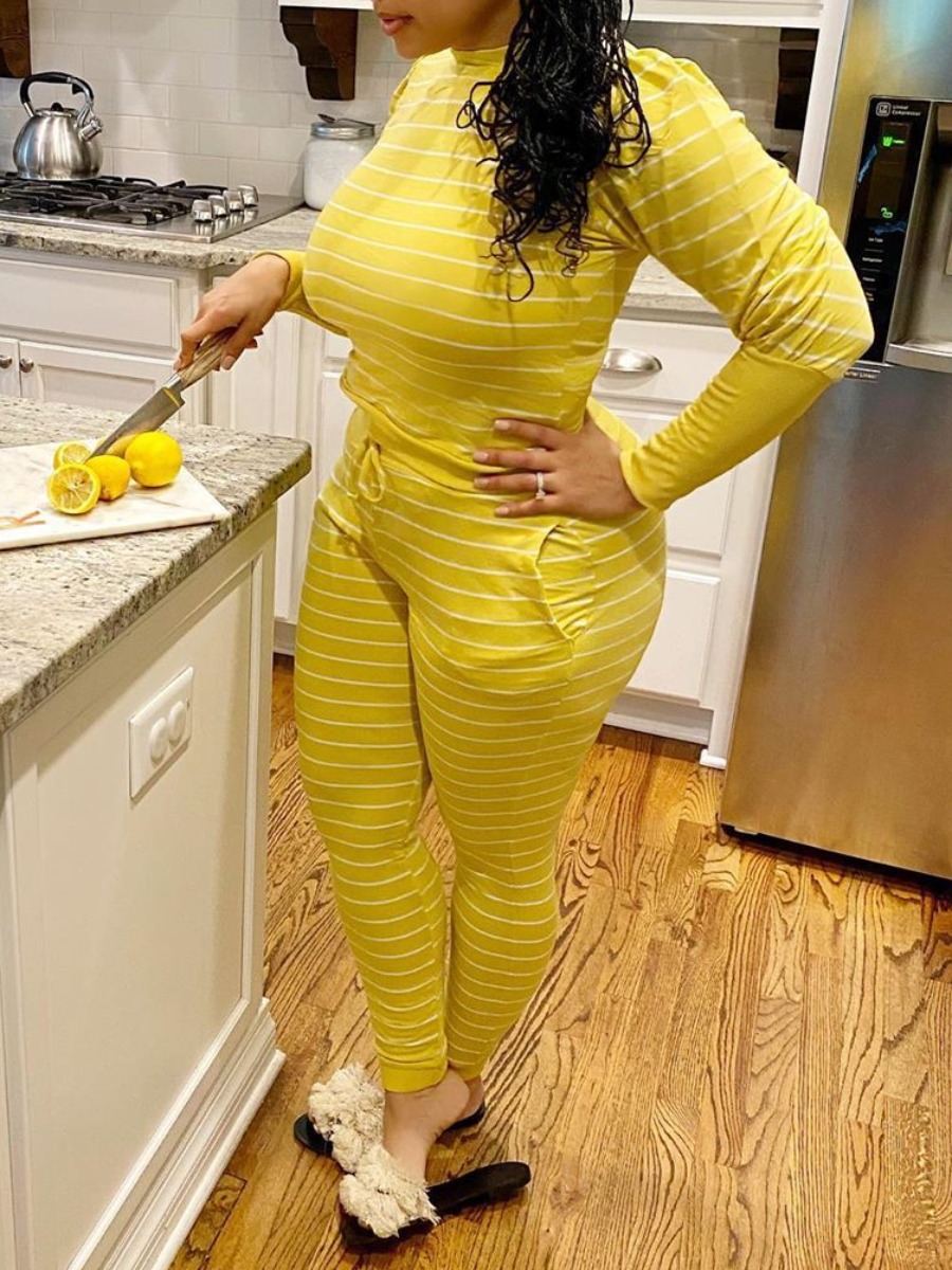 

Lovely Casual O Neck Striped Print Yellow Two Piece Pants Set