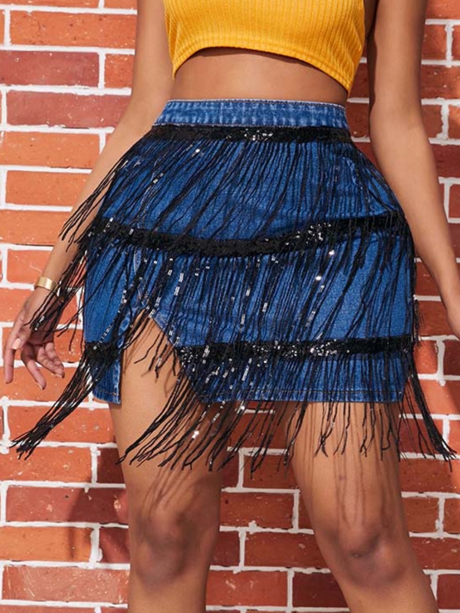

lovely Stylish Tassel Design Deep Blue Denim Skirt