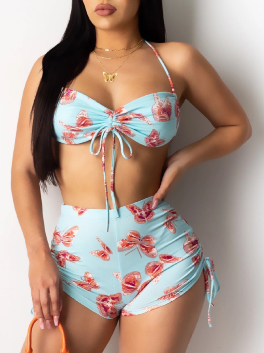 

lovely Bandage Design Butterfly Print Blue Two Piece Swimsuit
