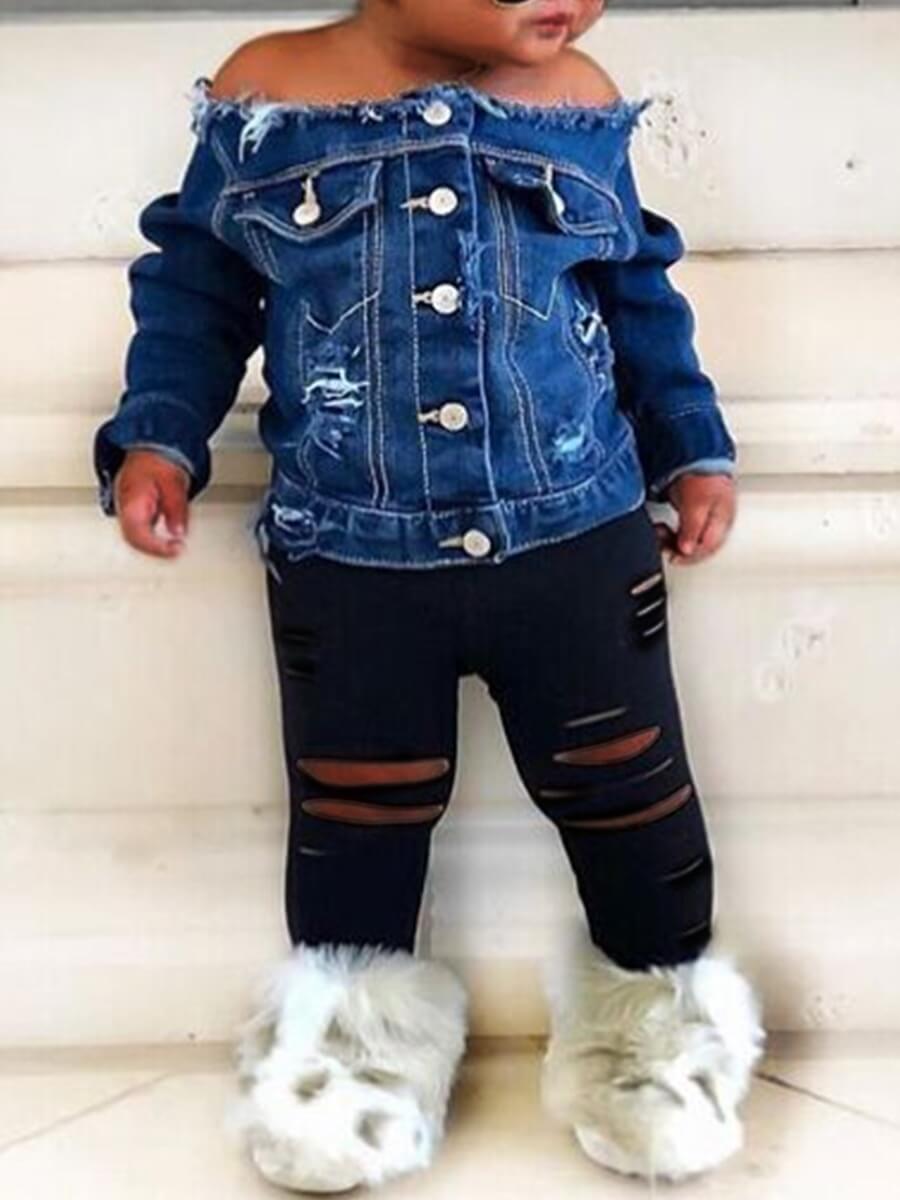 

Lovely Street Buttons Design Blue Girl Two-piece Pants Set
