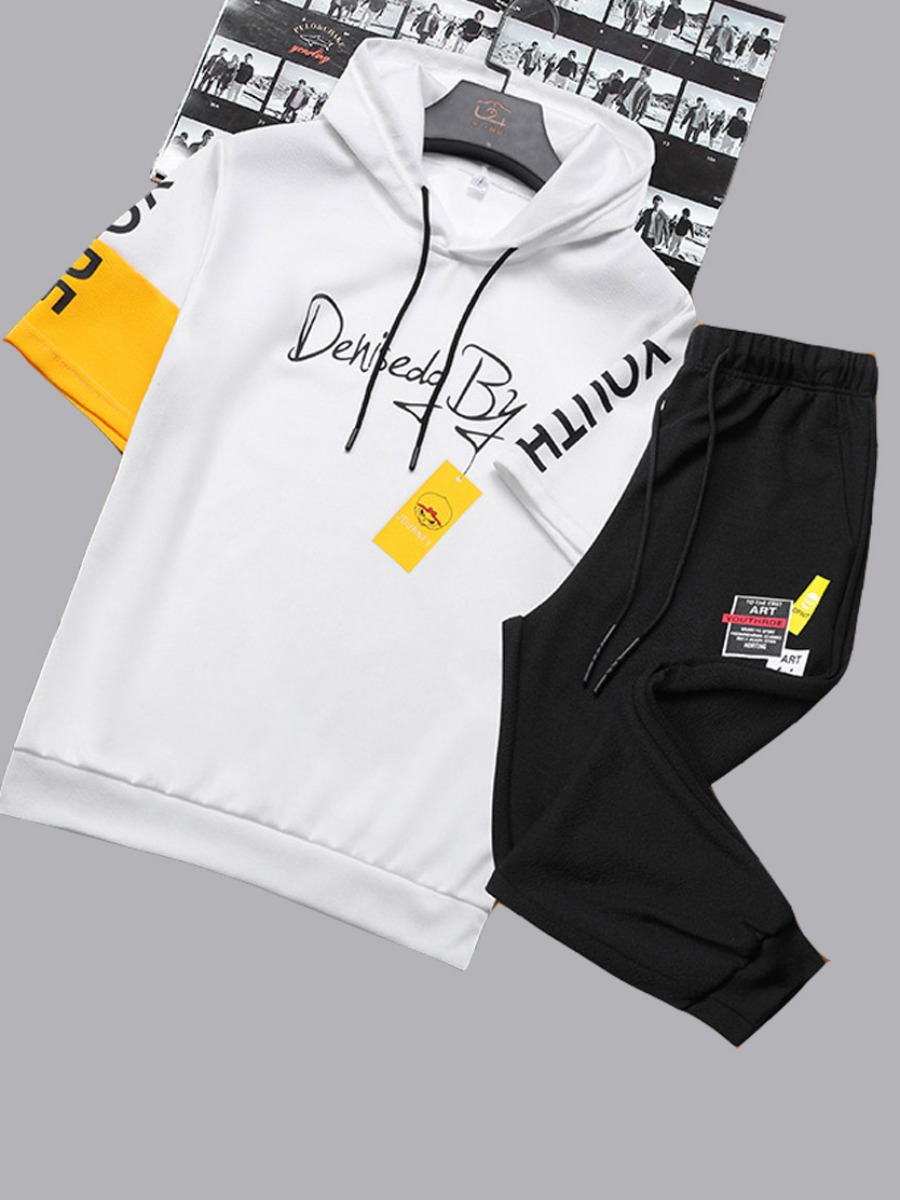 

Men lovely Street Letter Patchwork White Two-piece Pants Set