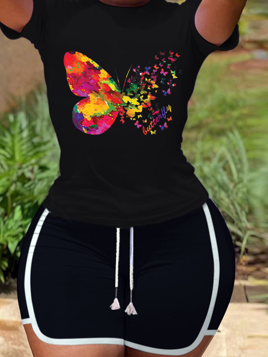 

lovely Sportswear O Neck Butterfly Print Black Two Piece Shorts Set