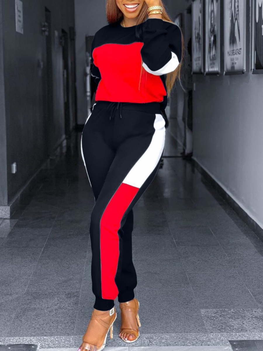 

lovely Sportswear O Neck Patchwork Black Two Piece Pants Set