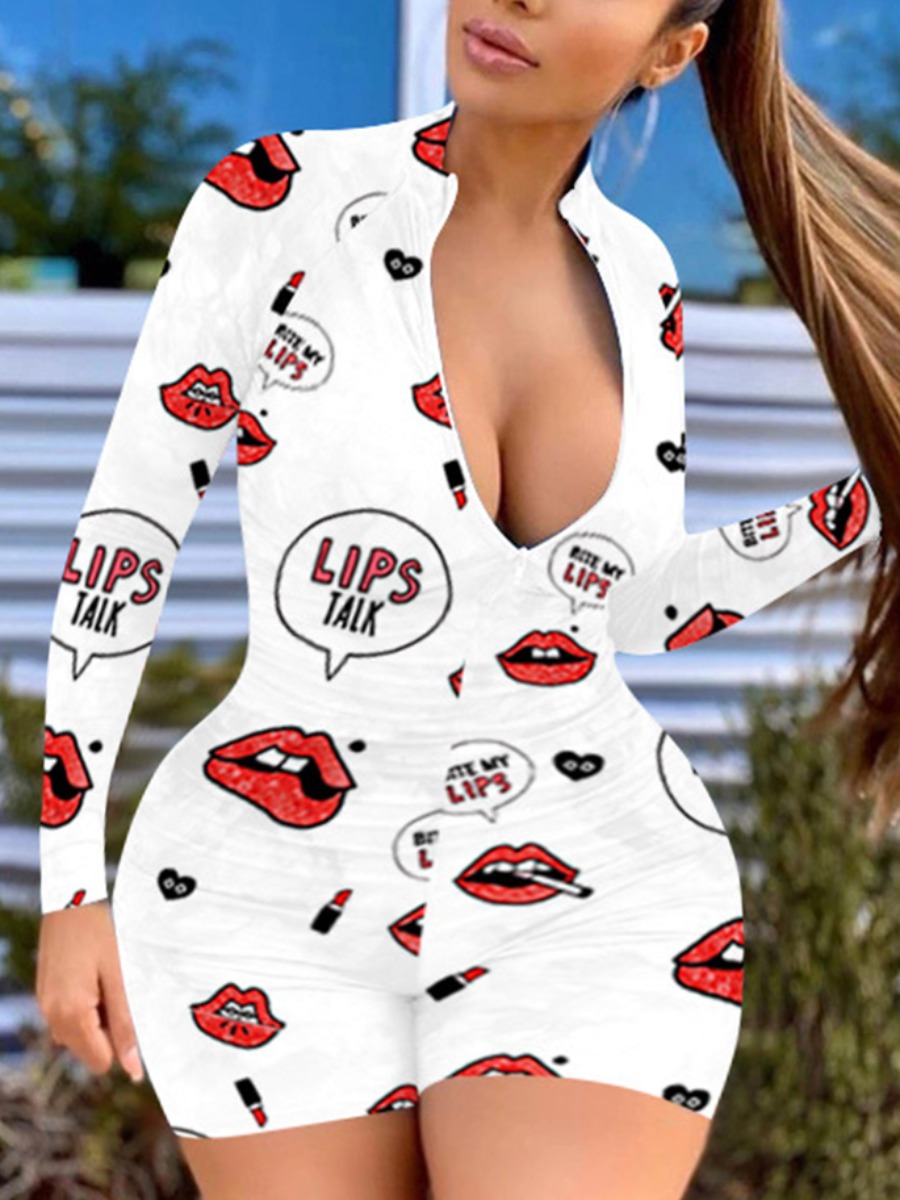 

Lovely Leisure Lip Print Zipper Design White Plus Size One-piece Romper