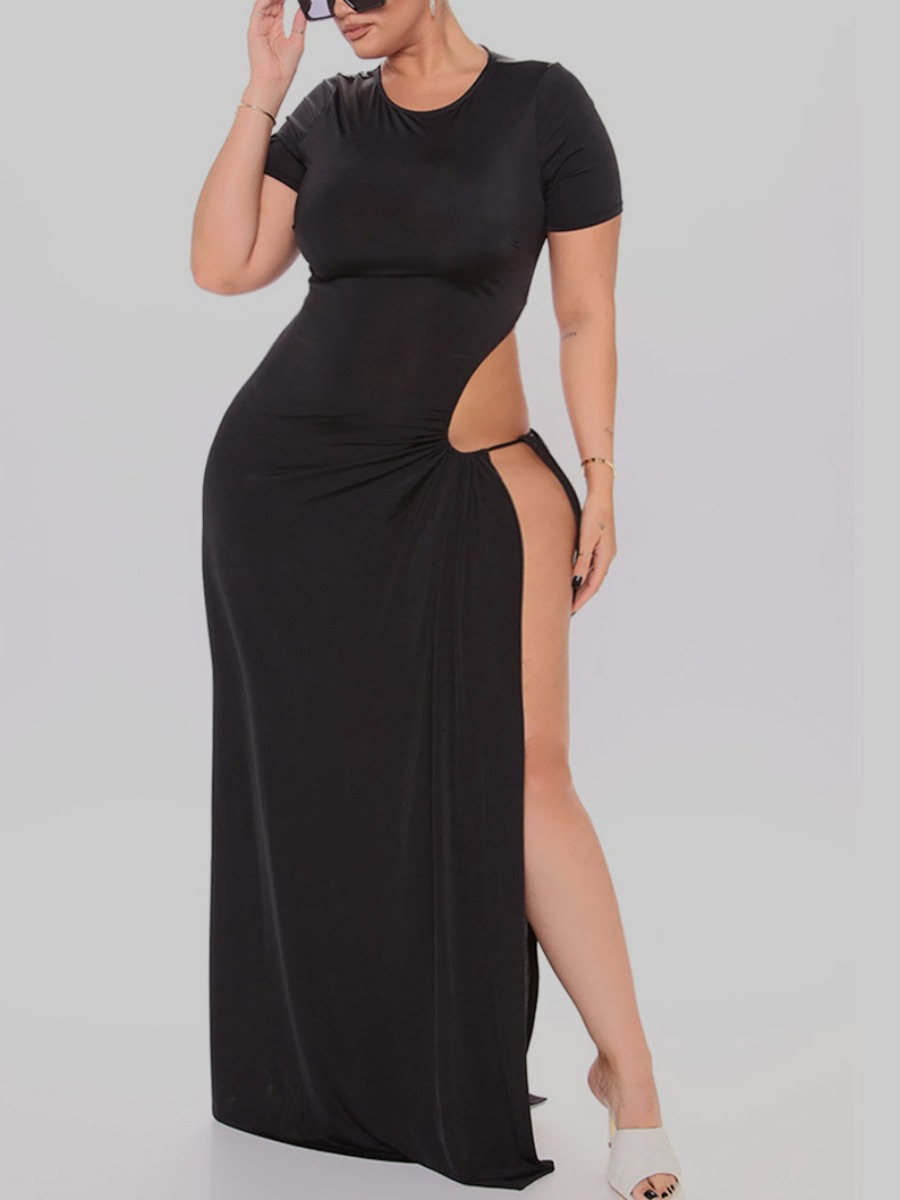

lovely Sexy Lace-up Side High Slit Black Maxi Plus Size Dress