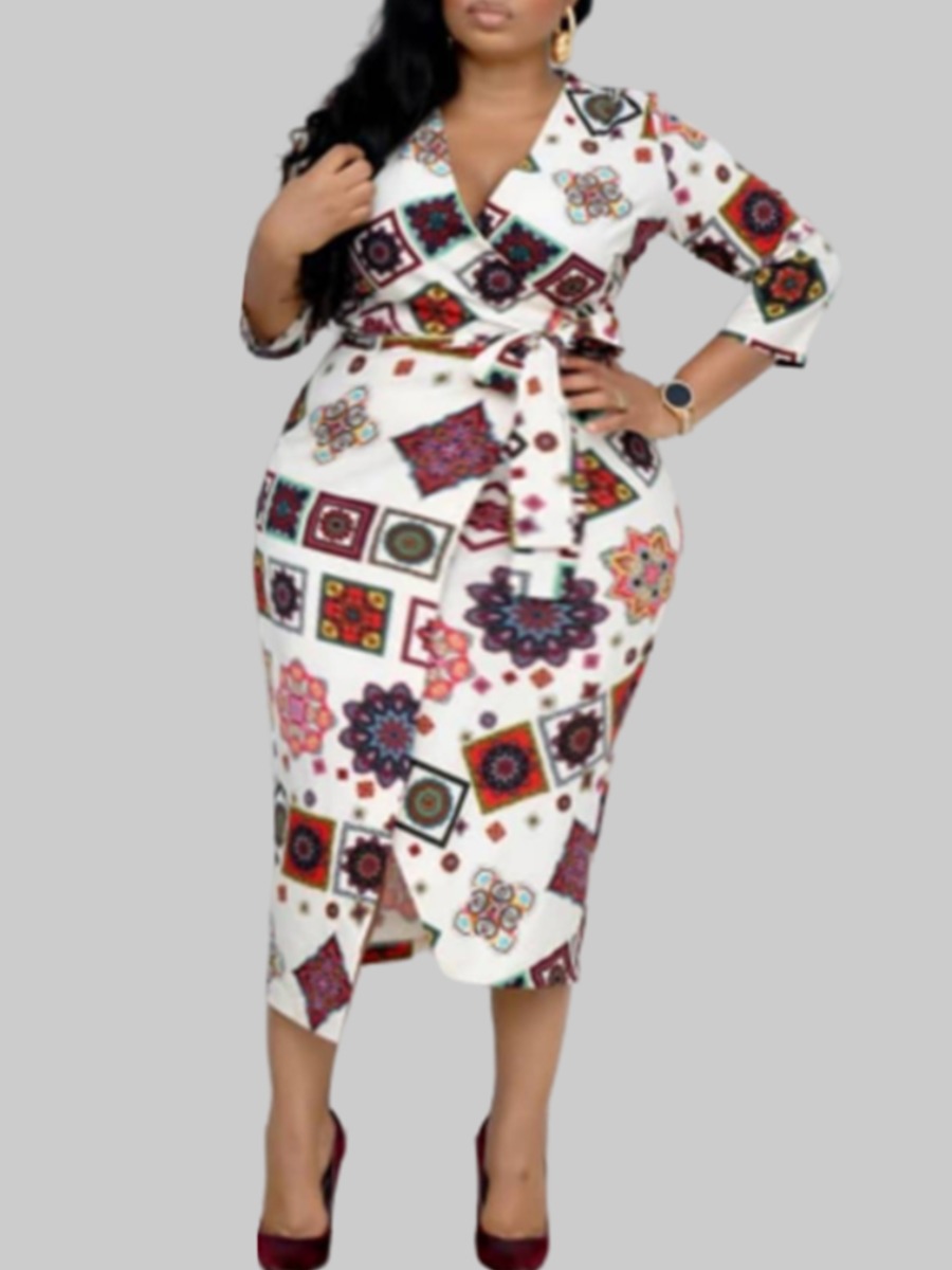 

lovely Casual V Neck Print White Knee Length Plus Size Dress