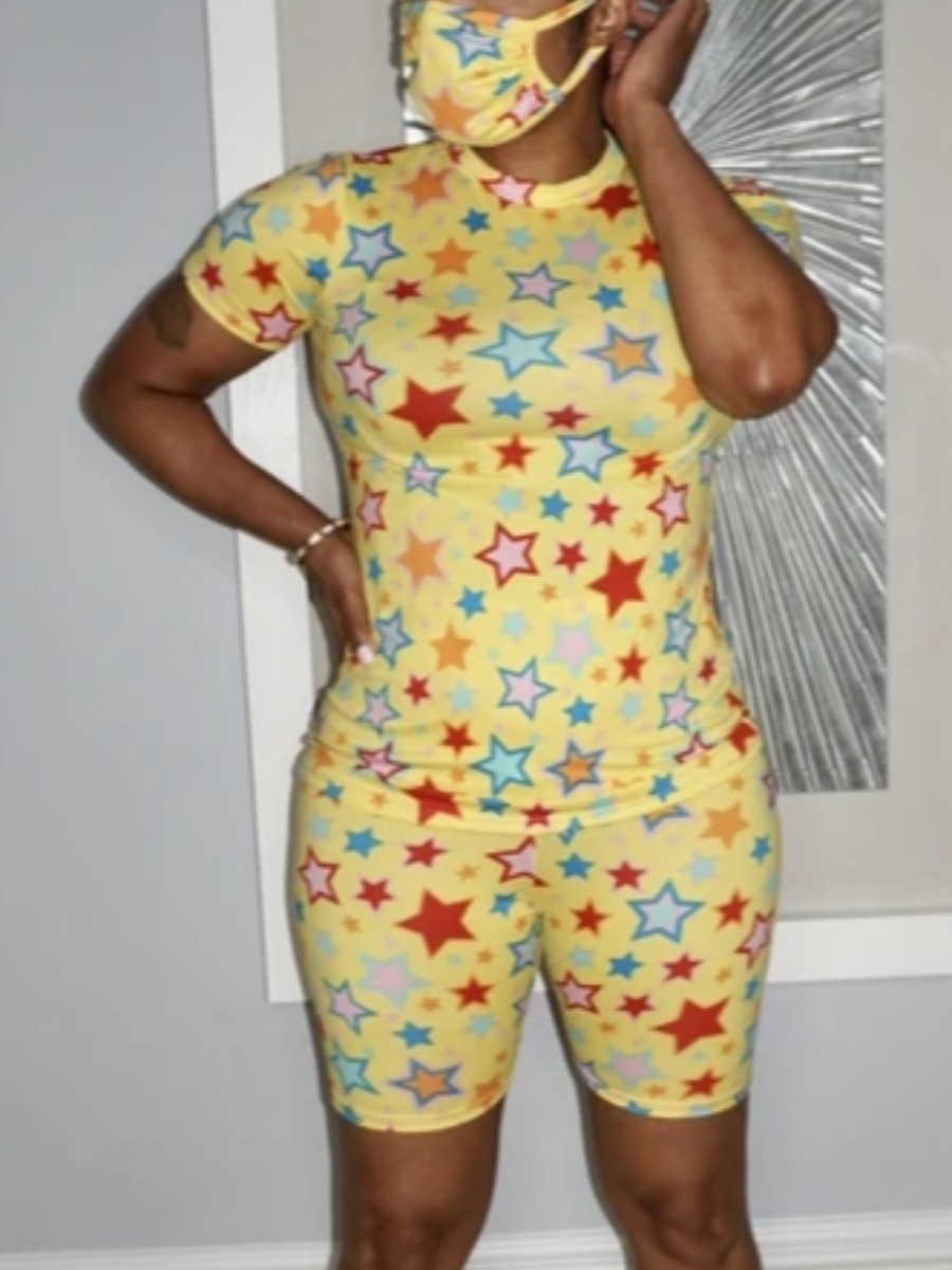 

Lovely Leisure Pentagram Print Yellow Two Piece Shorts Set(Without Face Mask
