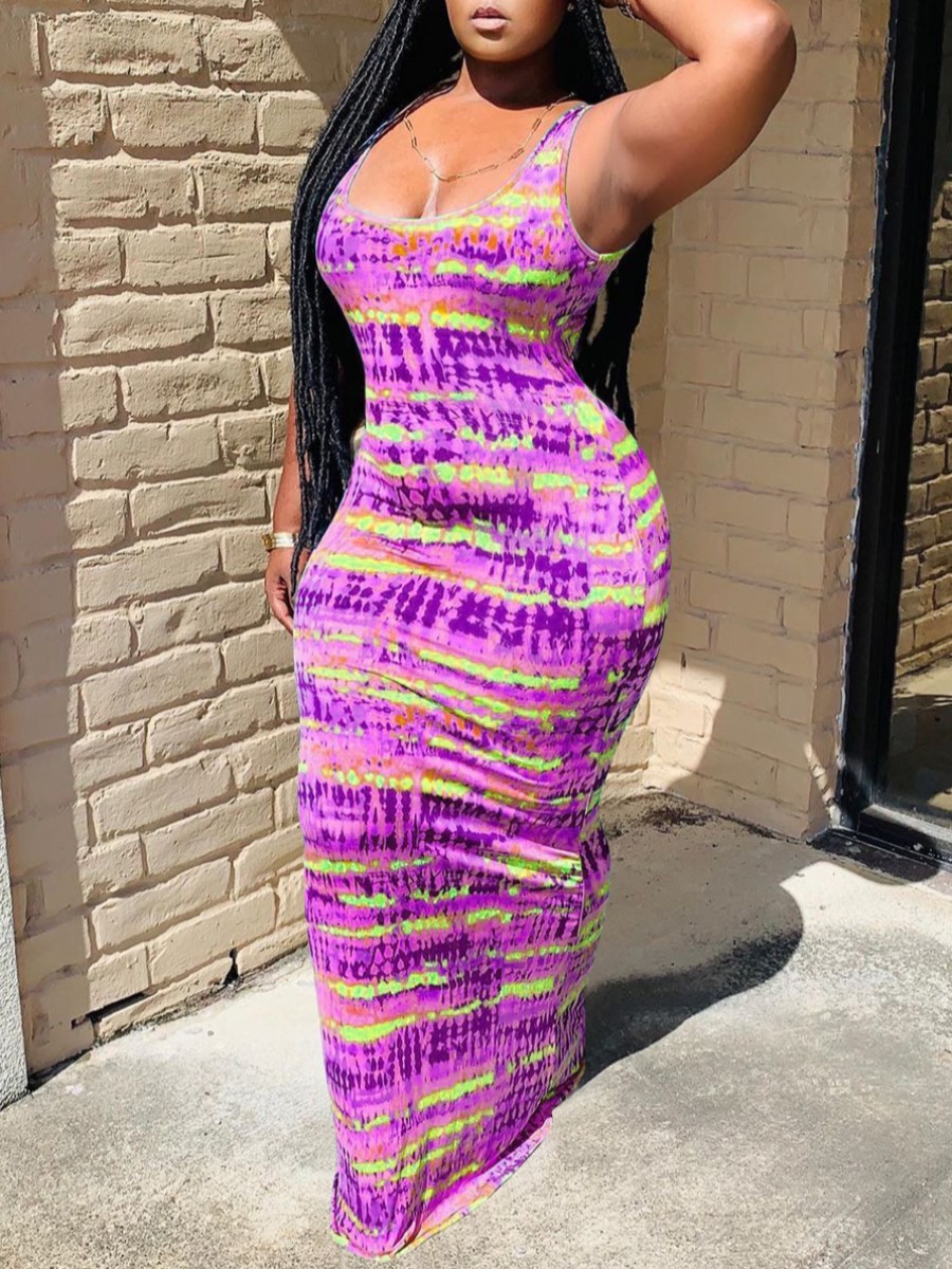 

lovely Bohemian Tie-dye Bandage Design Purple Maxi Dress
