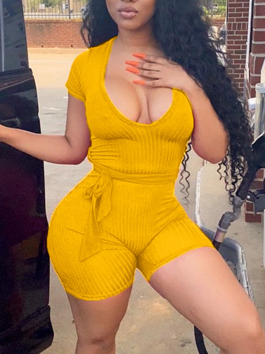 

lovely Casual U Neck Yellow One-piece Romper