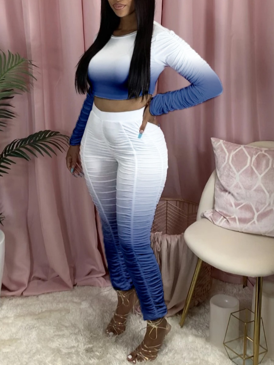 

lovely Street O Neck Gradient Fold Design Deep Blue Two Piece Pants Set