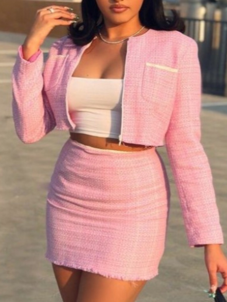 

lovely Trendy Zipper Design Basic Pink Two Piece Skirt Set