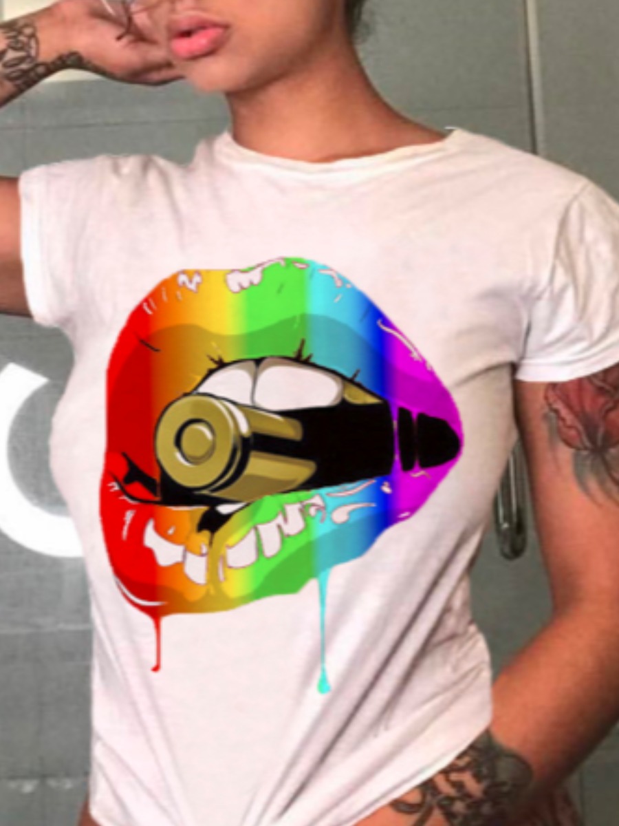 

lovely Casual O Neck Lip Print White T-shirt