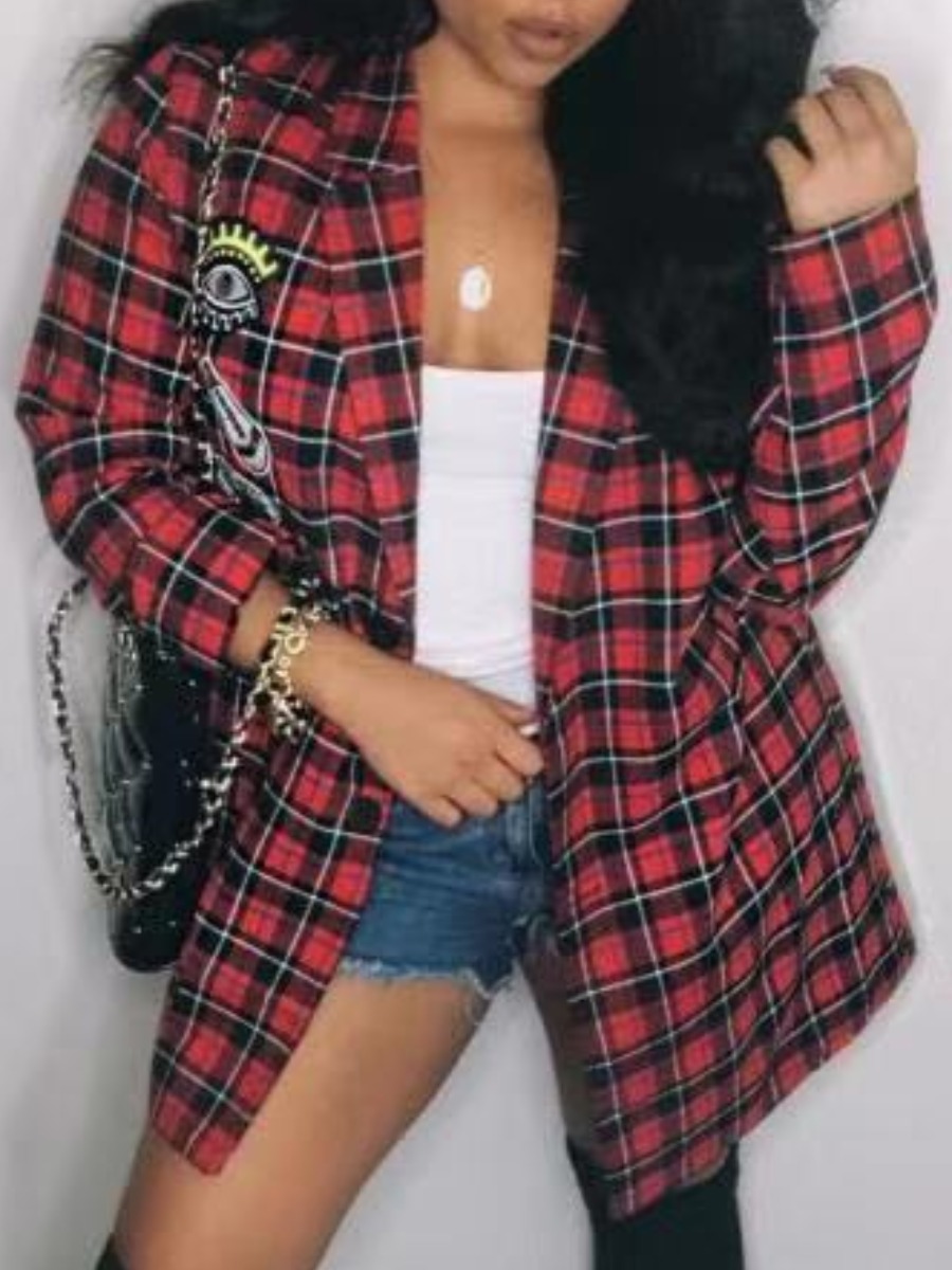 

lovely Stylish Grid Print Red Coat